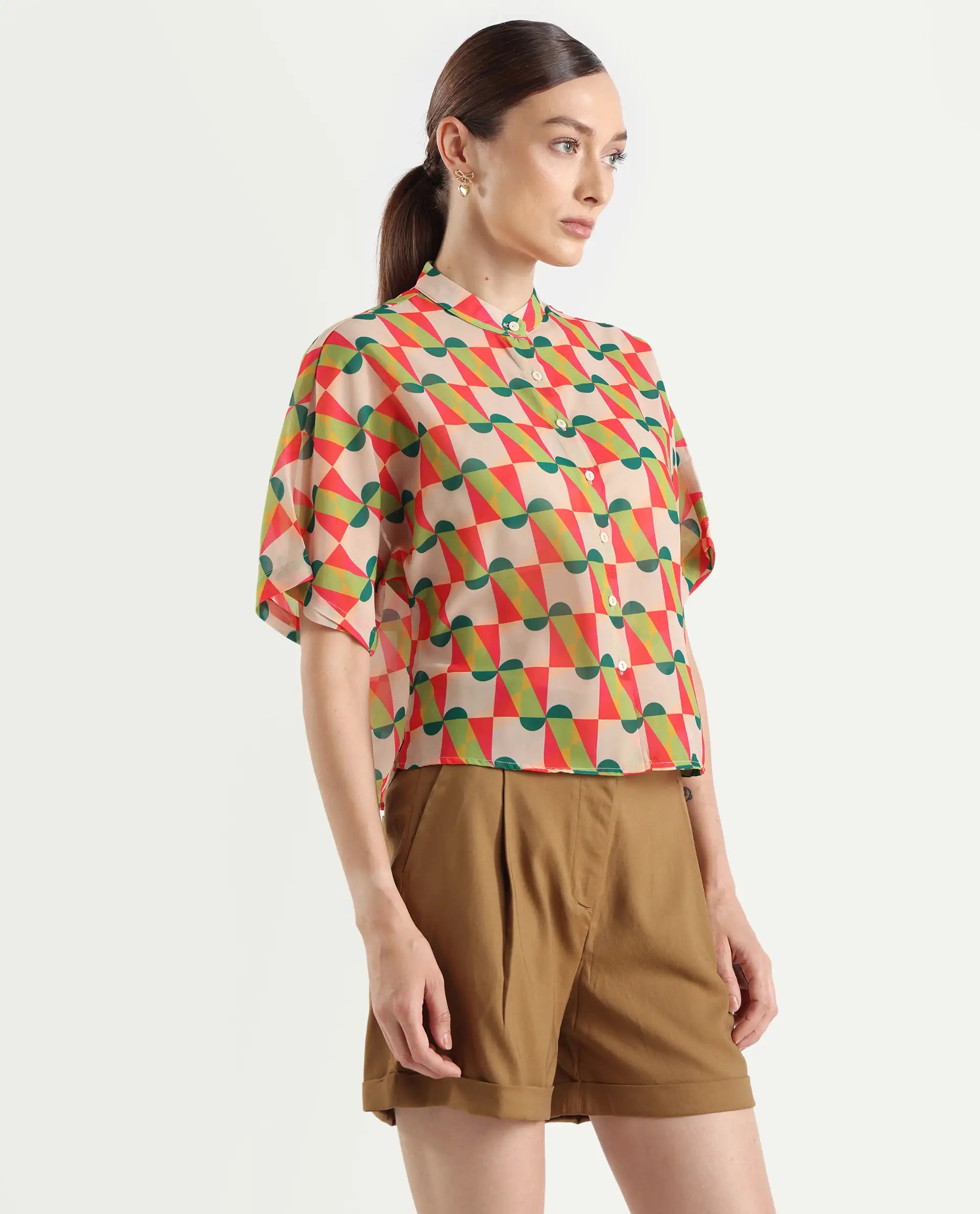 Rareism Women's Cajeme Multi Cotton Blend Collarless Geometric Print Extended Sleeves Relaxed Fit shirt