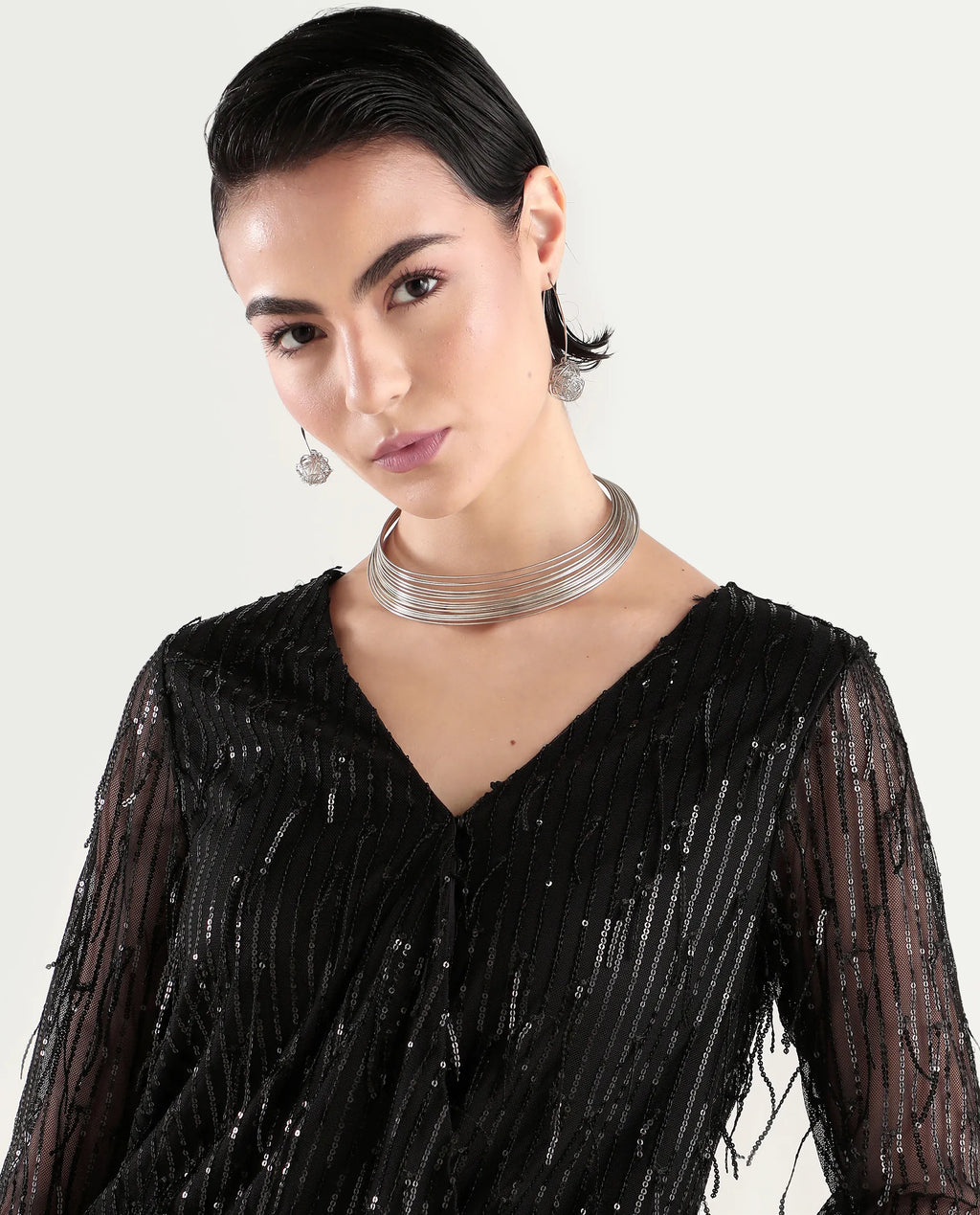 Rareism Women's Carm Metallic Black V-Neck Plain Relaxed Fit Top