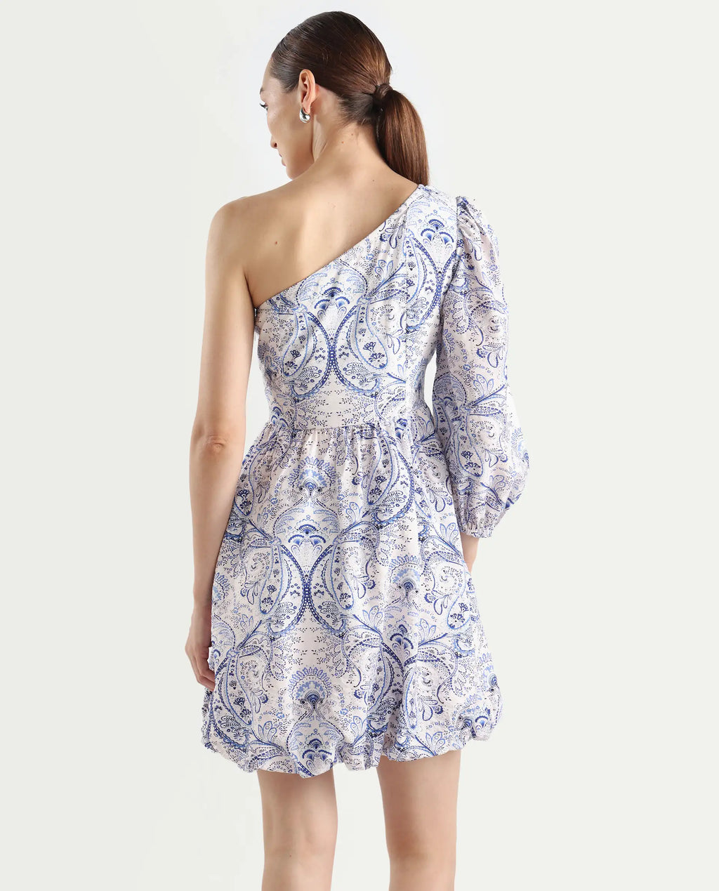 Rareism Women's Carmeno Light Blue Nylon Blend One Shoulder Paisley Print Bishop Sleeve Mini Fit And Flare Dress