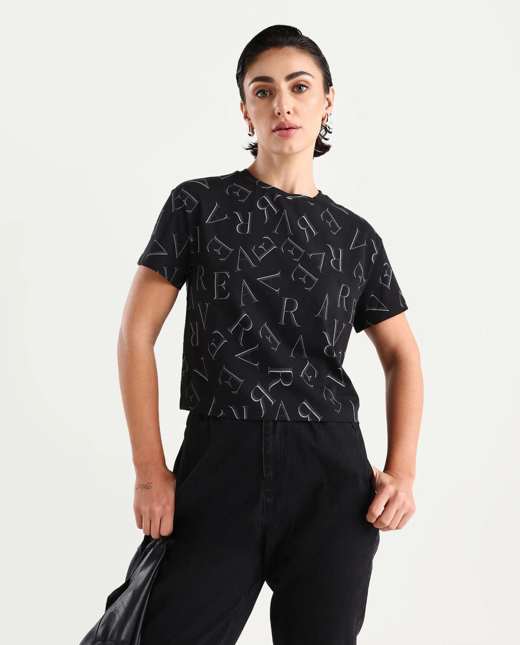 Rareism Women's Cassia Black Cotton Blend Crew Neck Monogram Print Crop Regular Fit T-Shirt