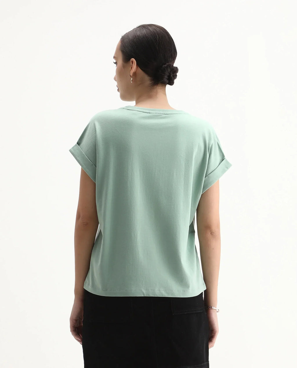 Rareism Women's Cerd Light Green Cotton Fabric Crew Neck Relaxed Fit Graphic Print T-Shirt