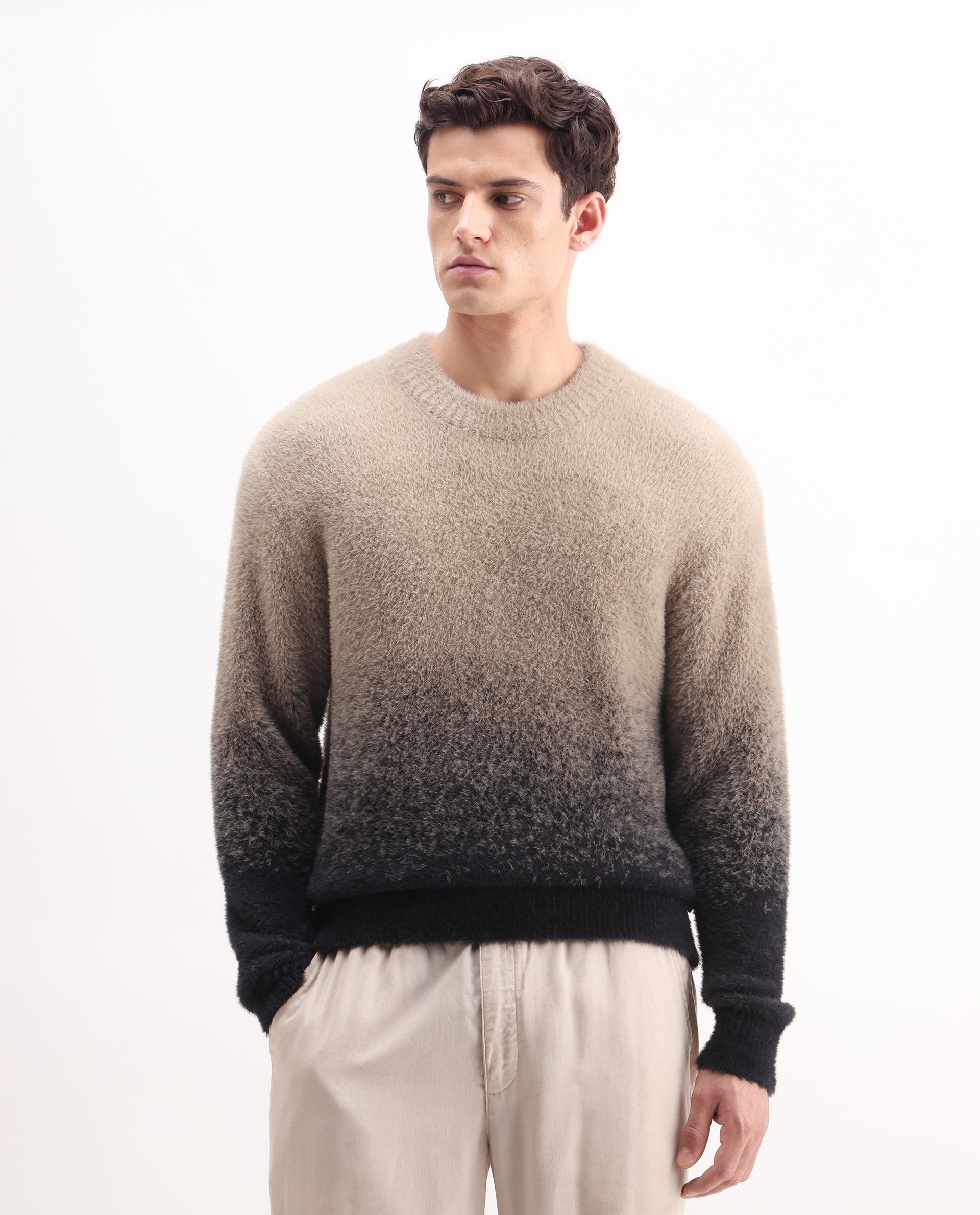 Rare Rabbit Men's Chervs Black Cotton Color Block Regular Fit Full Sleeve Crew Neck Sweater
