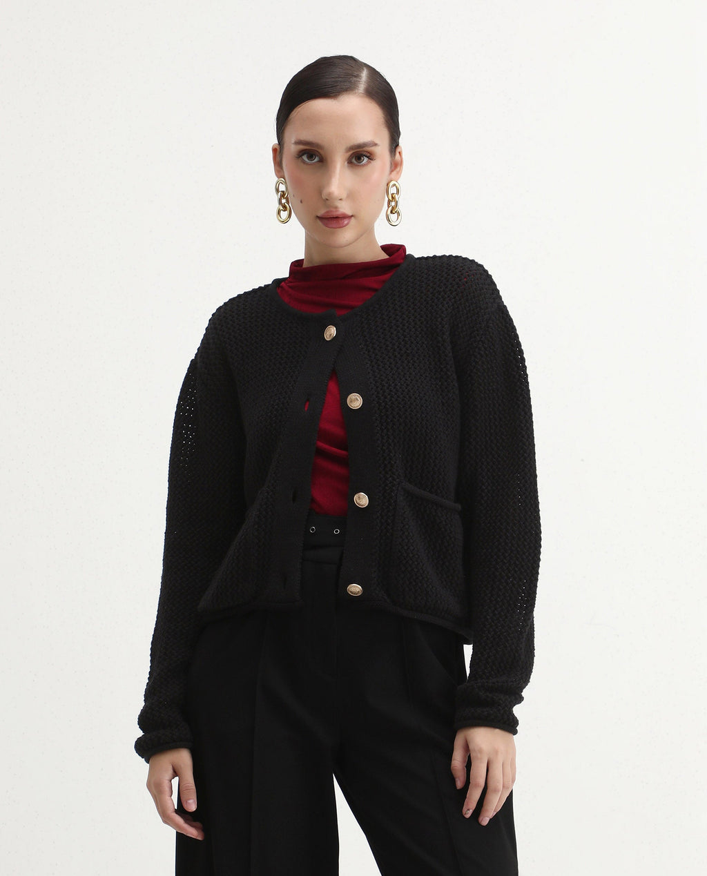 Rareism Women's Chetza Black Cotton Crew Neck Relaxed Fit Cardigan