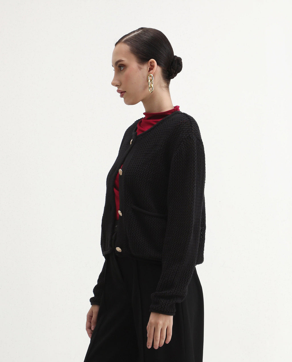 Rareism Women's Chetza Black Cotton Crew Neck Relaxed Fit Cardigan