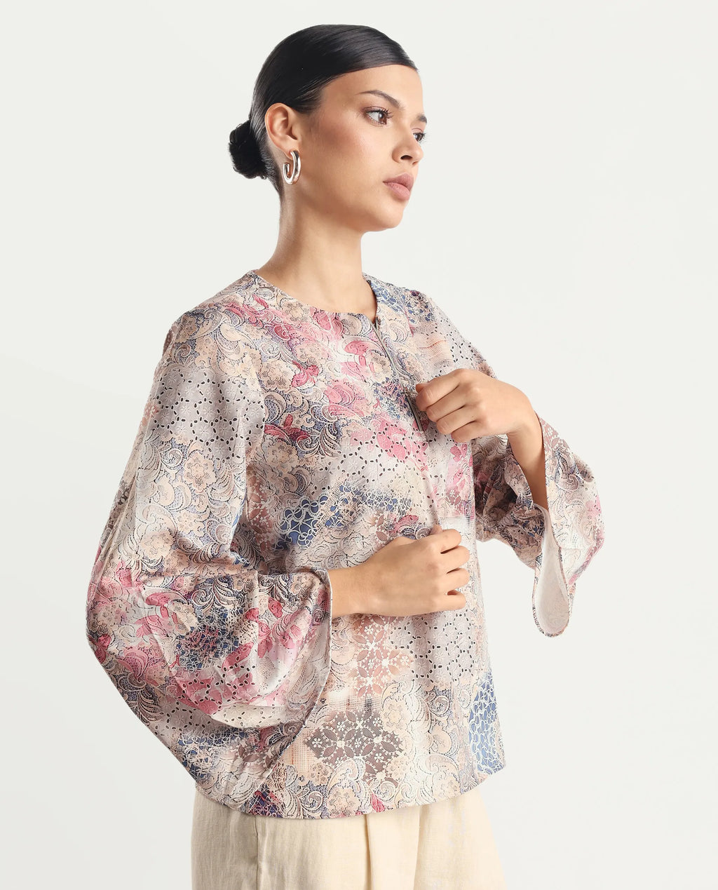 Rareism Women's Ciko Light Multi Satin Round Neck Abstract Print Volume Sleeve Regular Fit Top