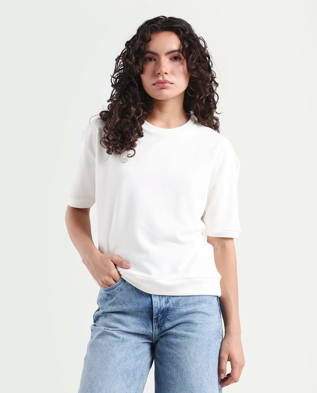 Rareism Women's Medium Weight Terry 290 Gsm Cotton Crew Neck Plain Relaxed Fit Sweat Tee
