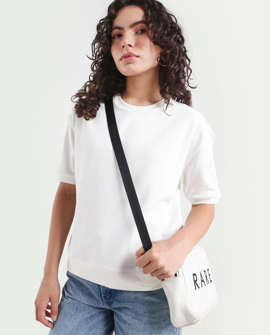 Rareism Women's Medium Weight Terry 290 Gsm Cotton Crew Neck Plain Relaxed Fit Sweat Tee
