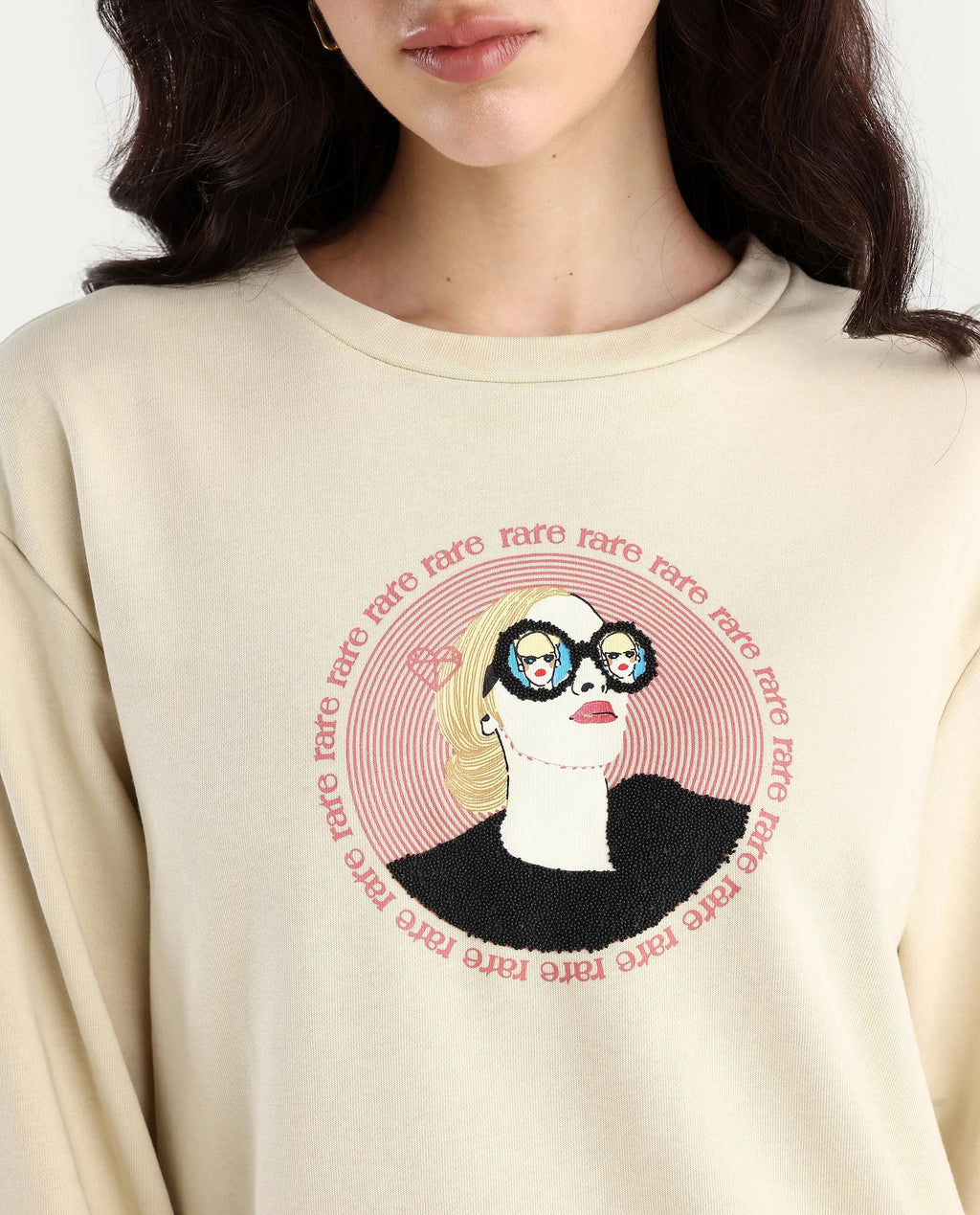 Rareism Women's Colad Beige Cotton Blend Crew Neck Graphic Print Relaxed Fit Sweatshirt