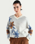 Rareism Women's Cometry Off White Acrylic V-Neck Floral Print Relaxed Fit Sweater