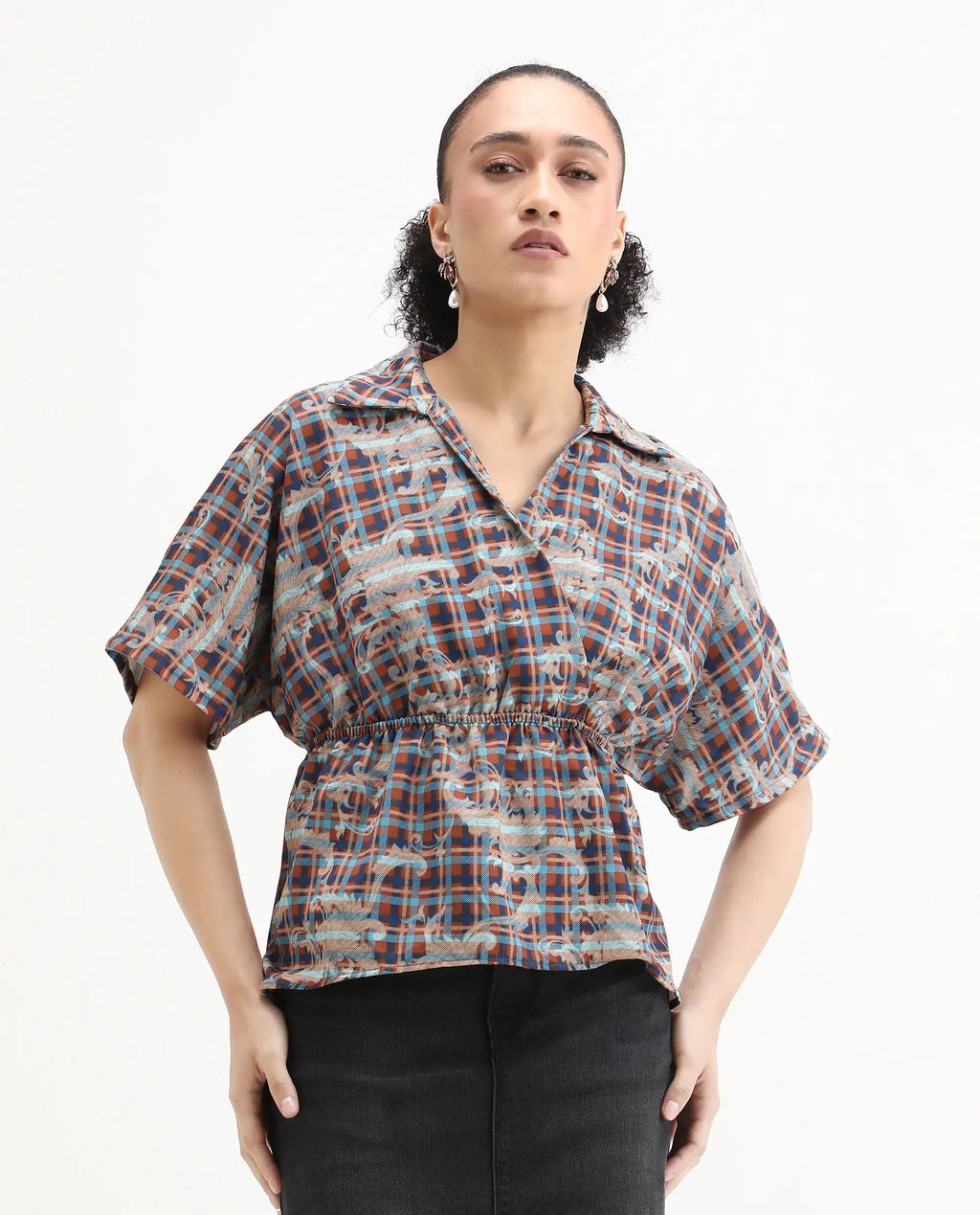 Rareism Women's Copo Dark Multi Polyester Johnny Collar Geometric Print Kimono Sleeve Regular Fit Top