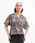 Rareism Women's Copo Dark Multi Polyester Johnny Collar Geometric Print Kimono Sleeve Regular Fit Top