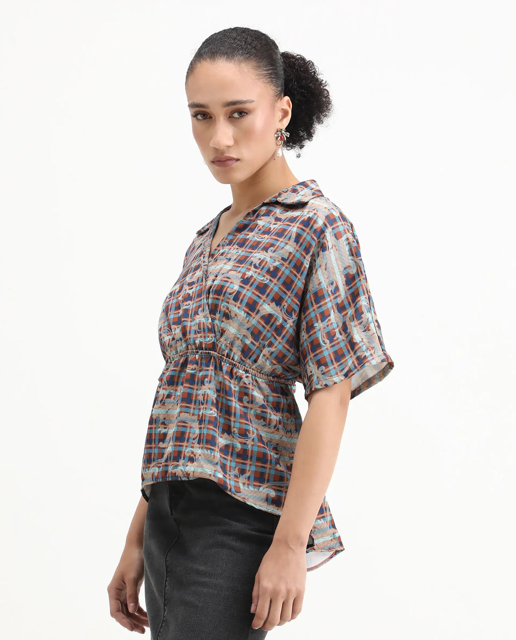 Rareism Women's Copo Dark Multi Polyester Johnny Collar Geometric Print Kimono Sleeve Regular Fit Top
