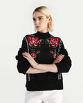 Rareism Women's Cosnew Black Cotton High Neck Relaxed Fit Sweater