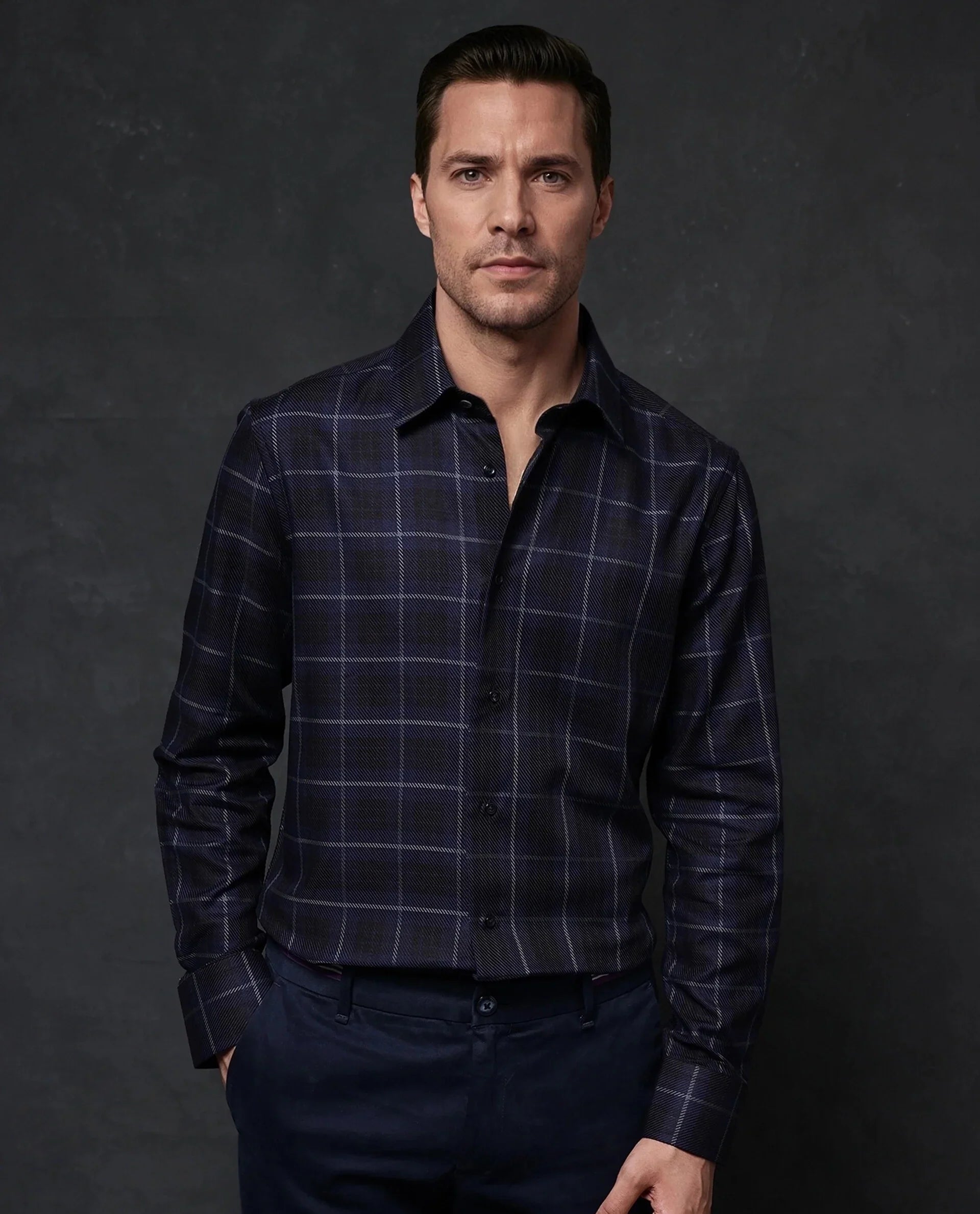 Rare Rabbit Men's Dany Navy Polyester Blend Checked Print Regular Fit Full Sleeve Collared Shirt