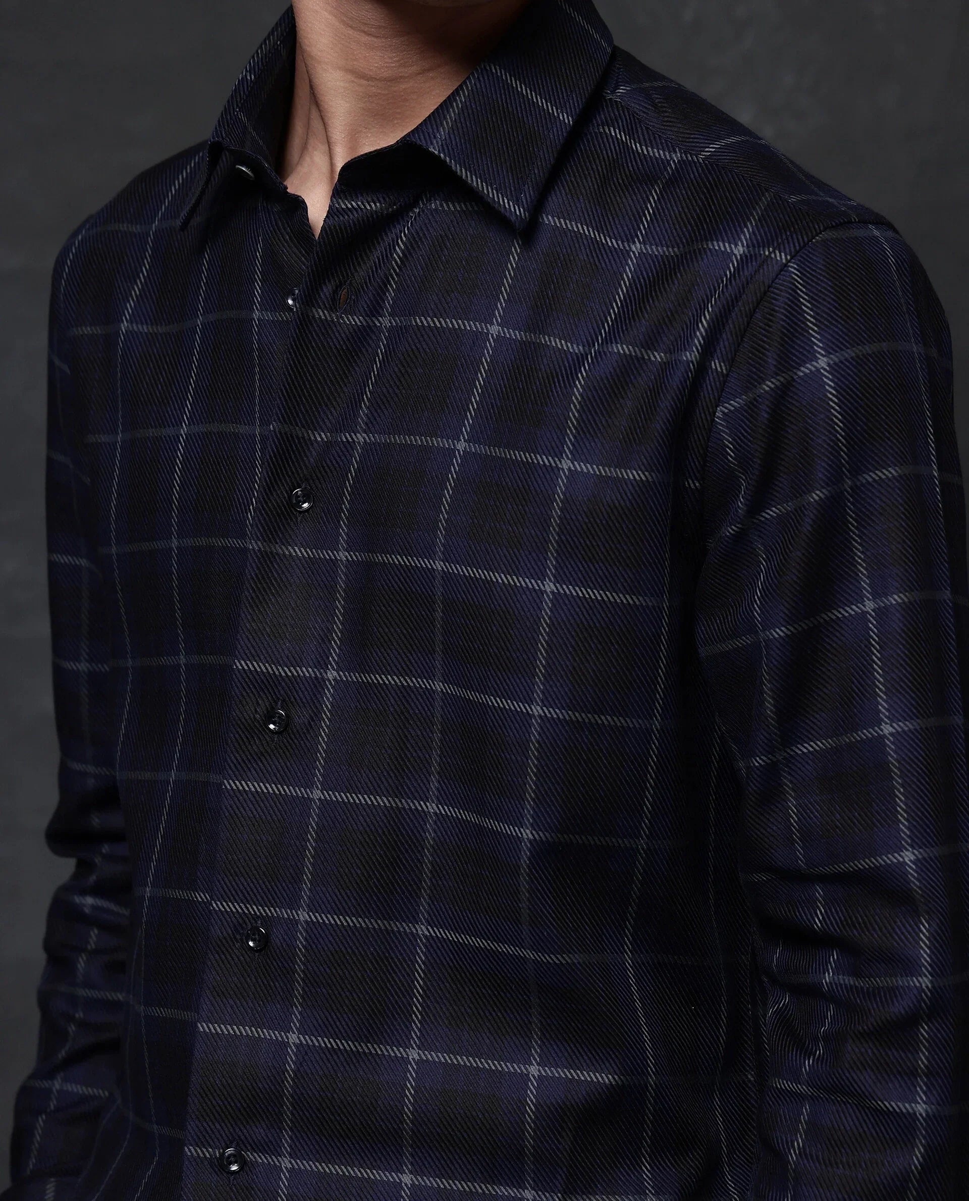 Rare Rabbit Men's Dany Navy Polyester Blend Checked Print Regular Fit Full Sleeve Collared Shirt