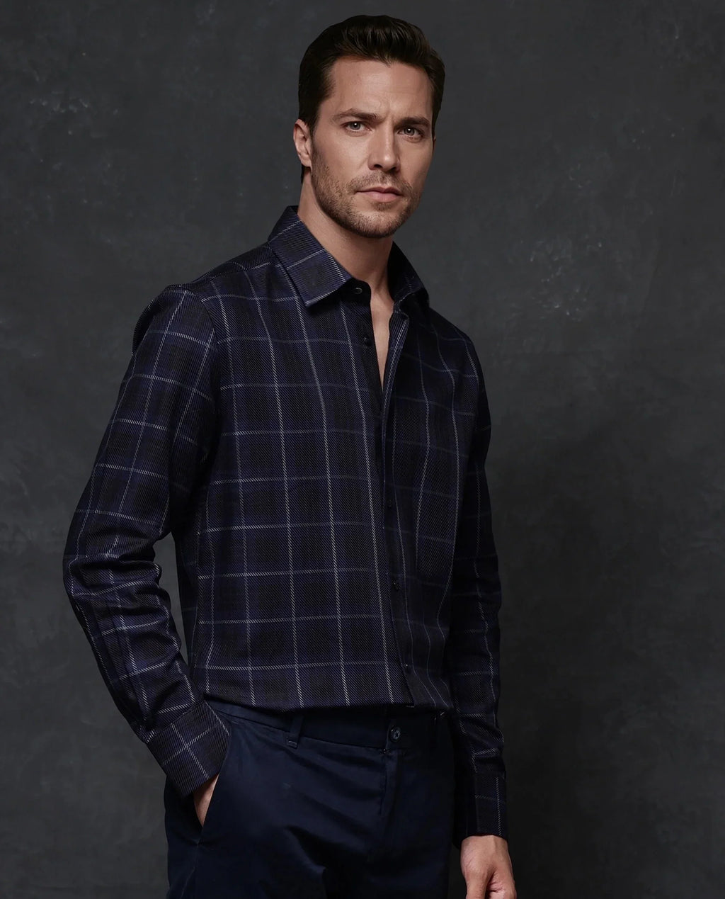 Rare Rabbit Men's Dany Navy Polyester Blend Checked Print Regular Fit Full Sleeve Collared Shirt