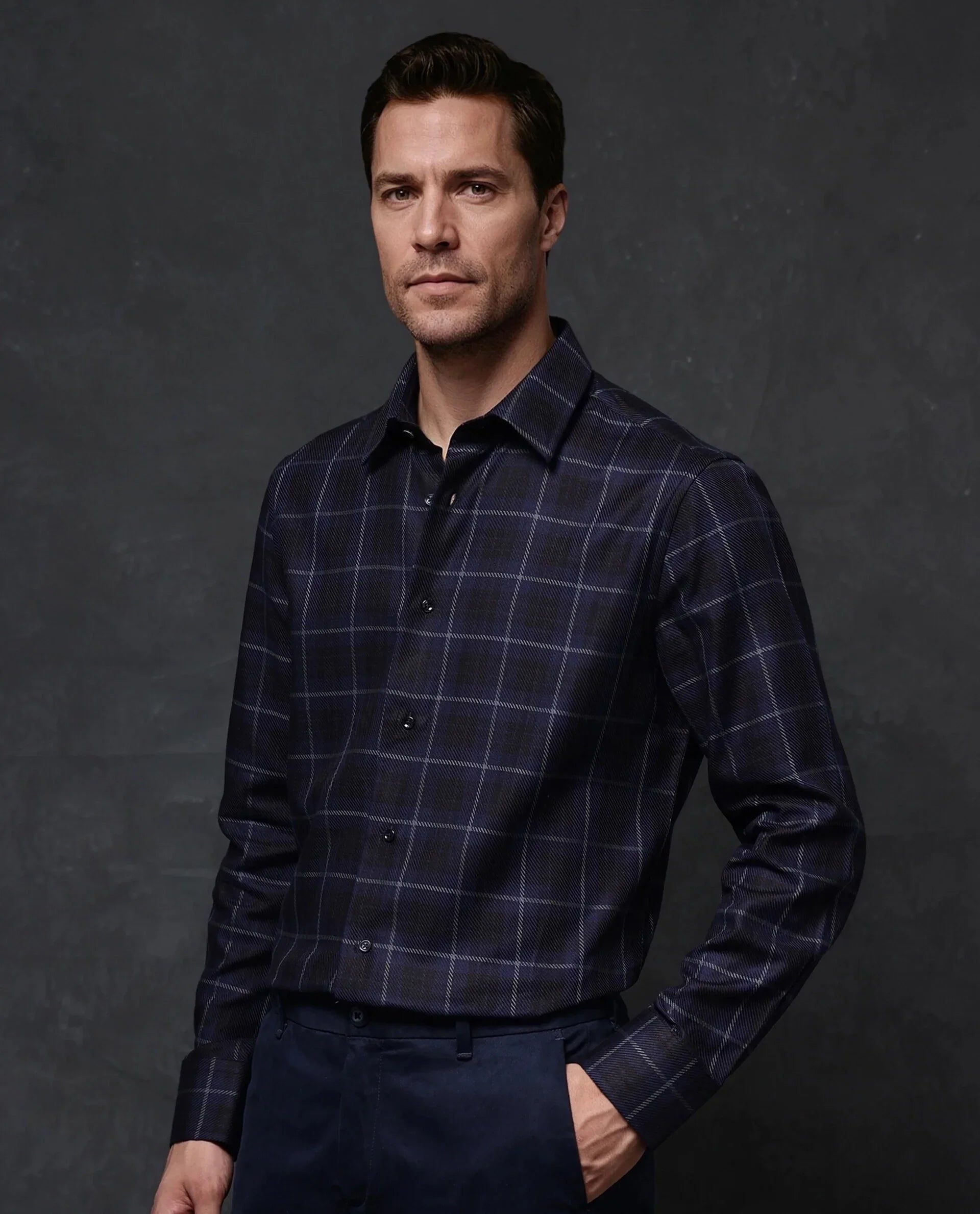 Rare Rabbit Men's Dany Navy Polyester Blend Checked Print Regular Fit Full Sleeve Collared Shirt