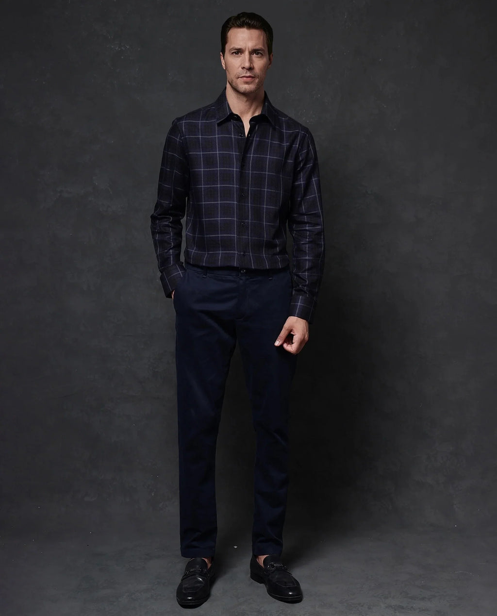 Rare Rabbit Men's Dany Navy Polyester Blend Checked Print Regular Fit Full Sleeve Collared Shirt