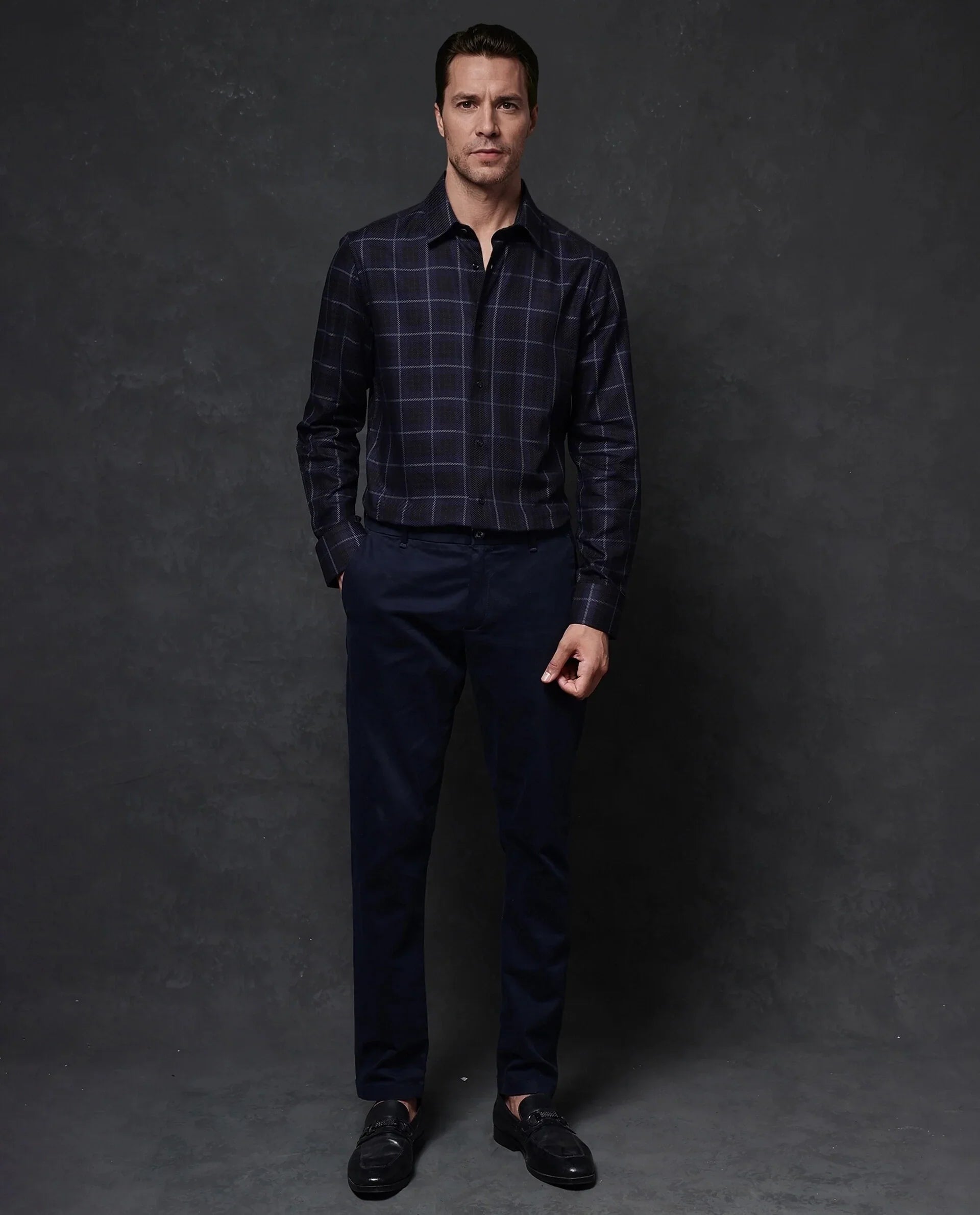 Rare Rabbit Men's Dany Navy Polyester Blend Checked Print Regular Fit Full Sleeve Collared Shirt