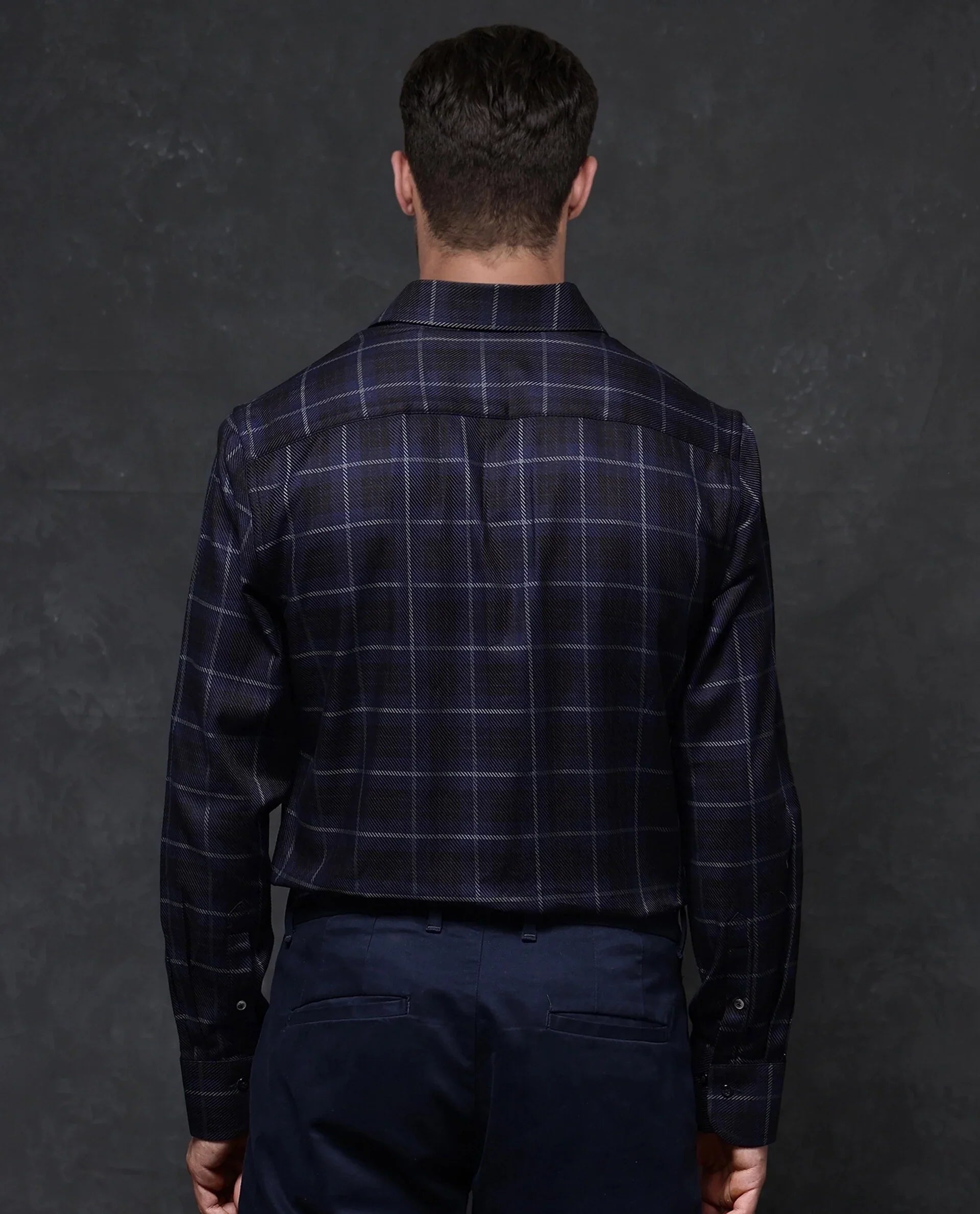 Rare Rabbit Men's Dany Navy Polyester Blend Checked Print Regular Fit Full Sleeve Collared Shirt