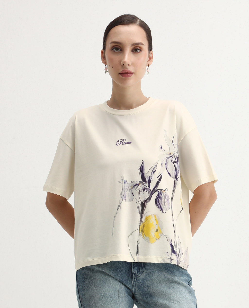 Rareism Women's Dewn Off White Cotton Blend Crew Neck Relaxed Fit T-Shirt