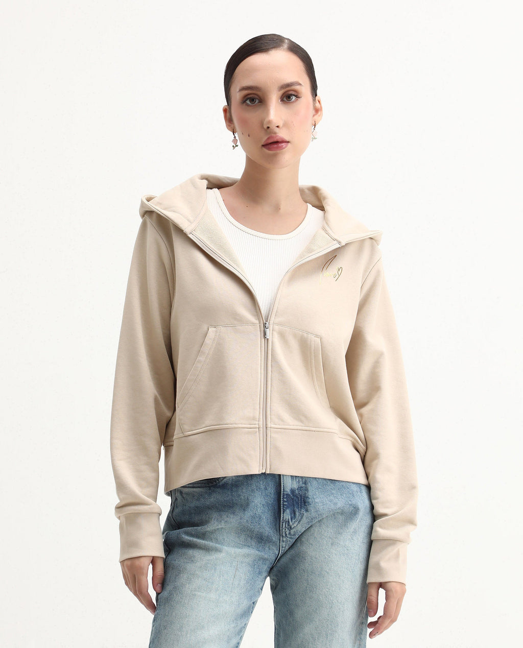Rareism Women's Div Beige Cotton Blend Hooded Regular Fit Printed Sweatshirt