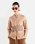 Rareism Women's Dooze Tan Cotton V-Neck Striped Cuffed Sleeve Regular Fit Top