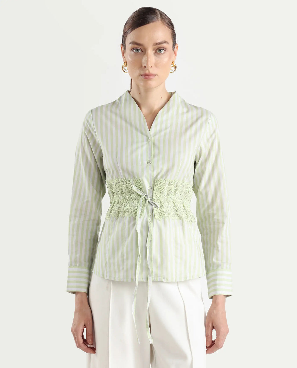 Rareism Women's Dooze Light Green Cotton V-Neck Striped Cuffed Sleeve Regular Fit Top