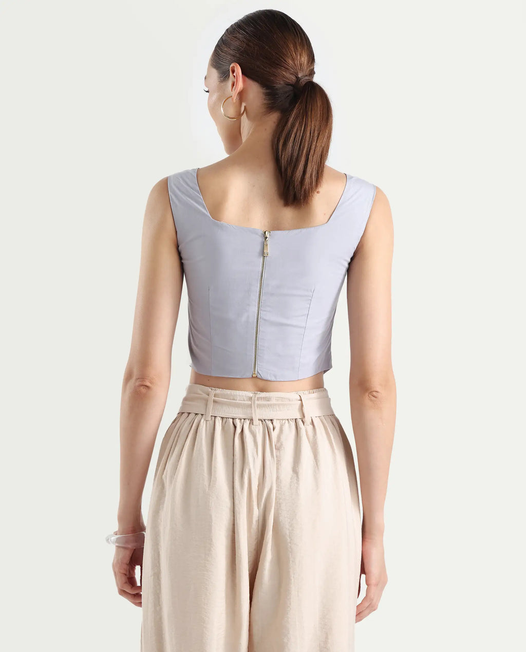 Rareism Women's Dordo Light Blue Cotton Square Neck Dyed Sleeveless Crop Fitted Top