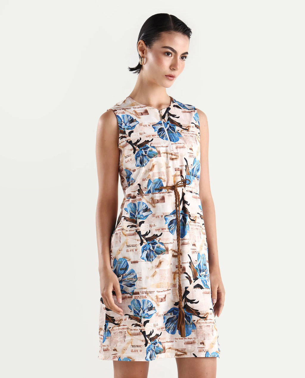 Rareism Women's Dreco Beige Cotton Blend Crew Neck Abstract Print Sleeveless Midi A-Line Dress