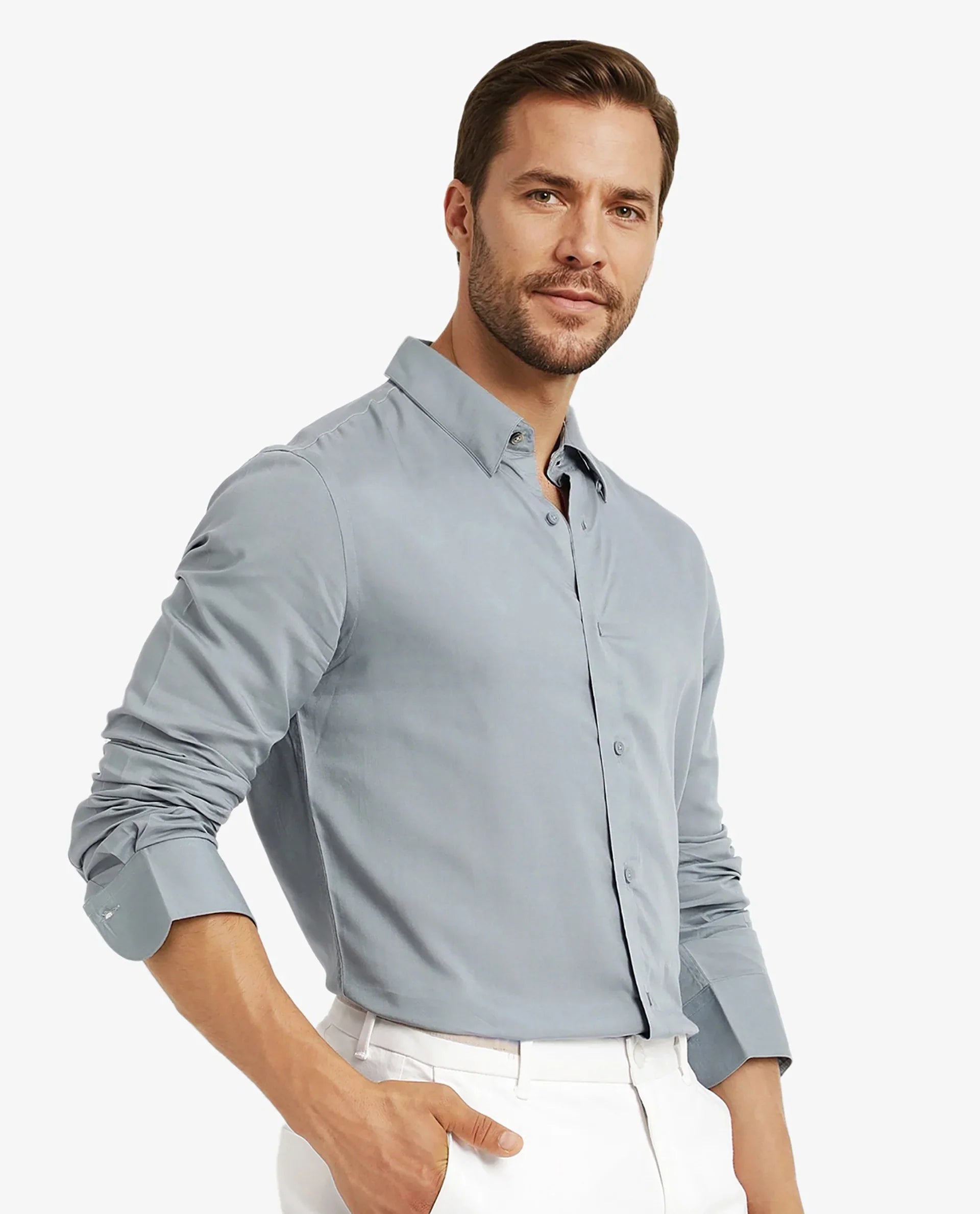 Rare Rabbit Men's Dub Dusky Blue Modal Plain Regular Fit Full Sleeve Collared Shirt