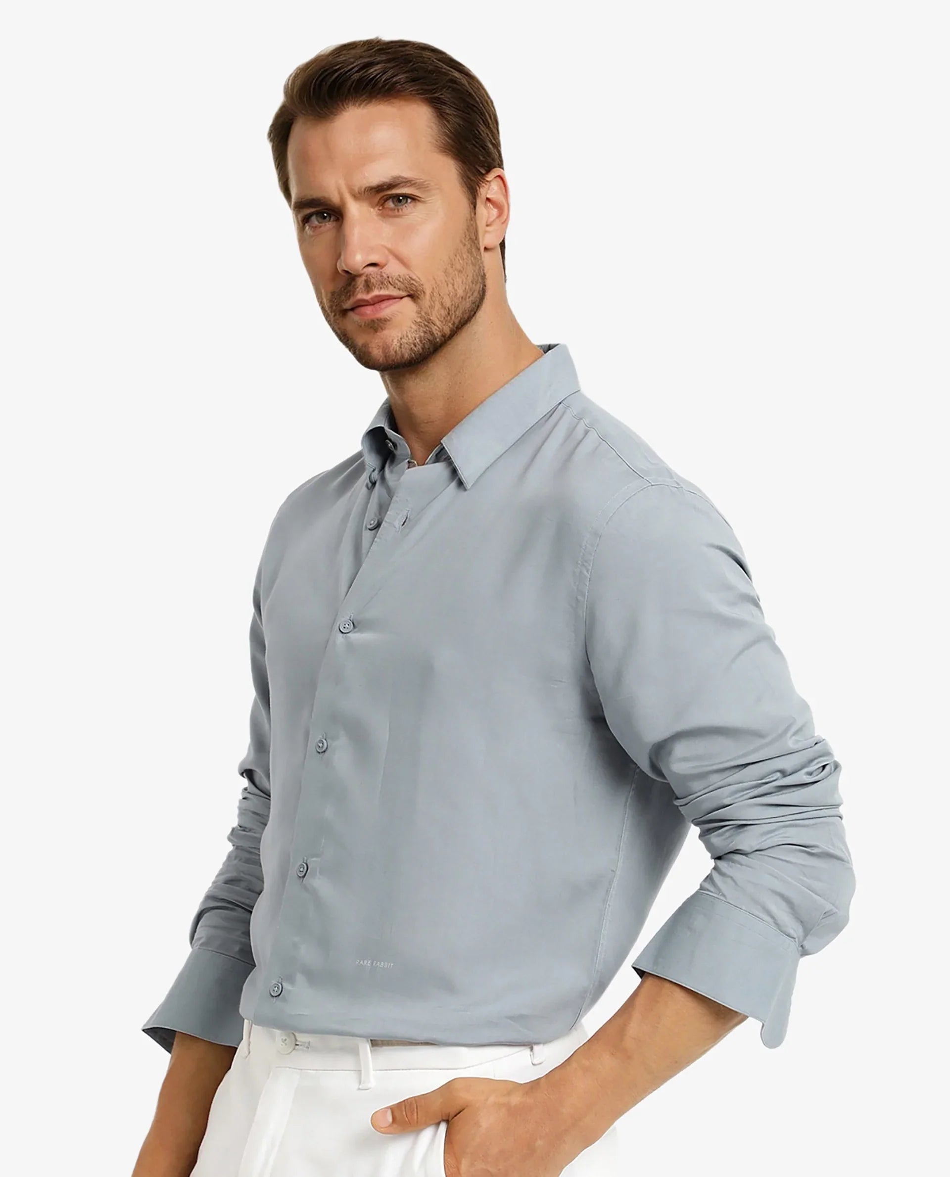 Rare Rabbit Men's Dub Dusky Blue Modal Plain Regular Fit Full Sleeve Collared Shirt
