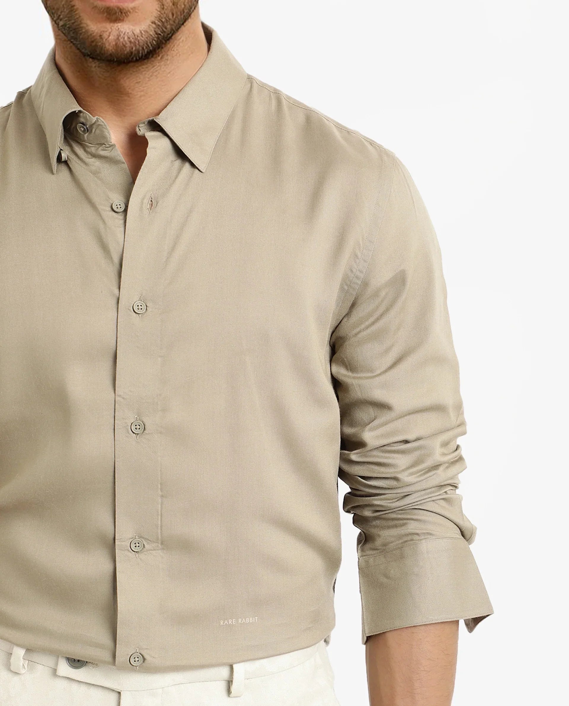 Rare Rabbit Men's Dub Dusky Olive Cotton Plain Regular Fit Full Sleeve Collared Shirt