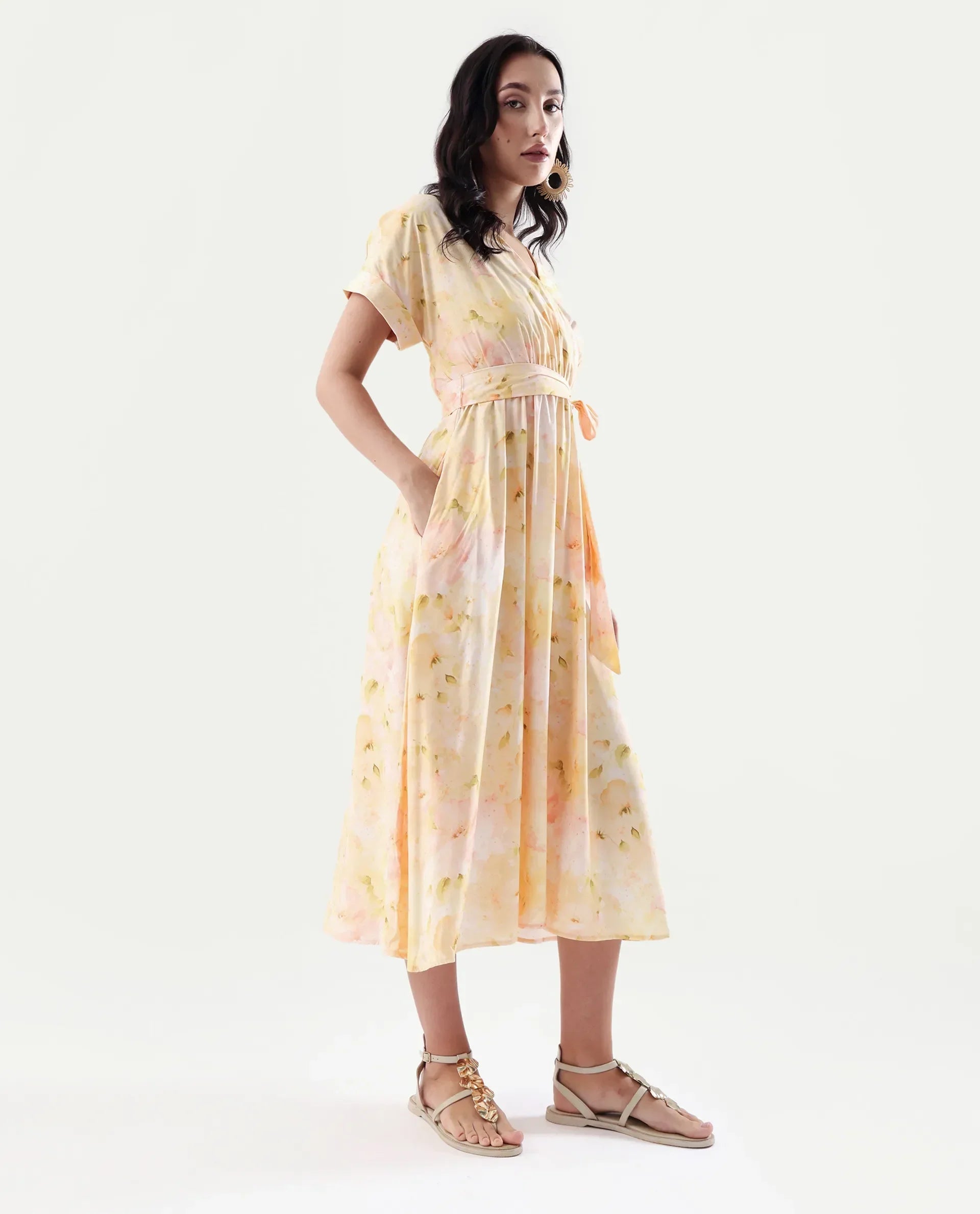 Rareism Women's Elavi Yellow Viscose Overlap Neck Flared Printed Midi Dress