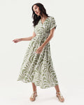 Rareism Women's Elean Olive Viscose Overlap Neck Flared Printed Midi Dress