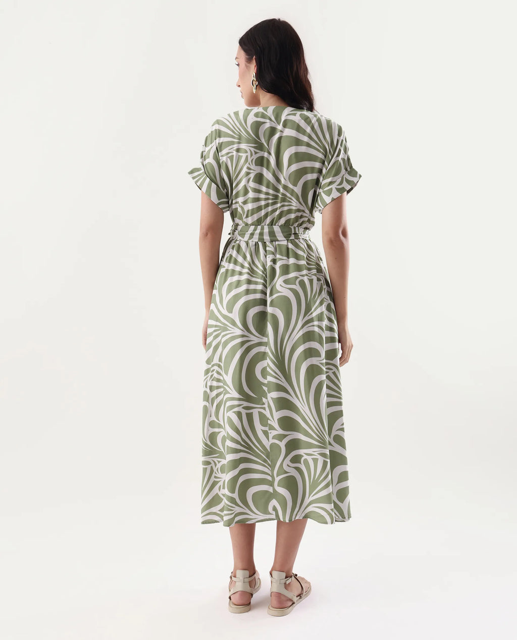 Rareism Women's Elean Olive Viscose Overlap Neck Flared Printed Midi Dress