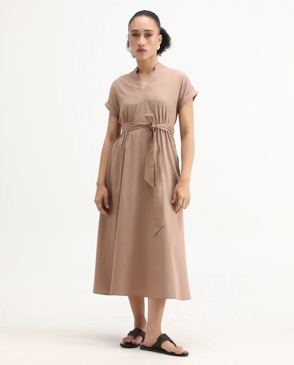 Rareism Women's Eleri Beige Cotton Extended Sleeves Mandarin Collar A-Line Fit Plain Midi Dress