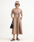 Rareism Women's Eleri Beige Cotton Extended Sleeves Mandarin Collar A-Line Fit Plain Midi Dress