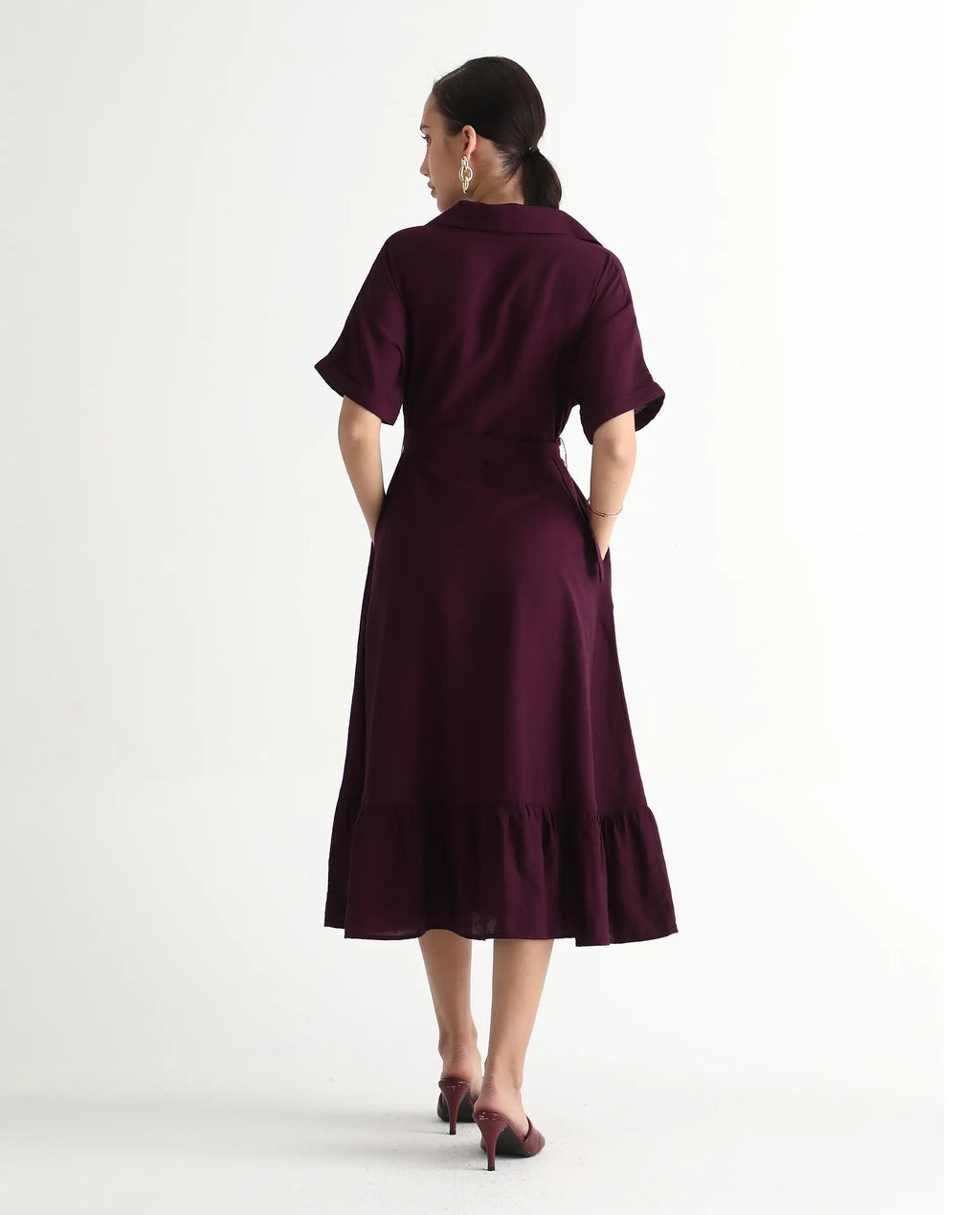 Rareism Women's Elhan Maroon Polyester Extended Sleeves Jonny Collar A-Line Fit Plain Midi Dress