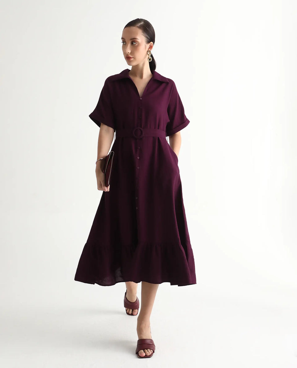 Rareism Women's Elhan Maroon Polyester Extended Sleeves Jonny Collar A-Line Fit Plain Midi Dress