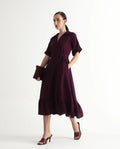 Rareism Women's Elhan Maroon Polyester Extended Sleeves Jonny Collar A-Line Fit Plain Midi Dress