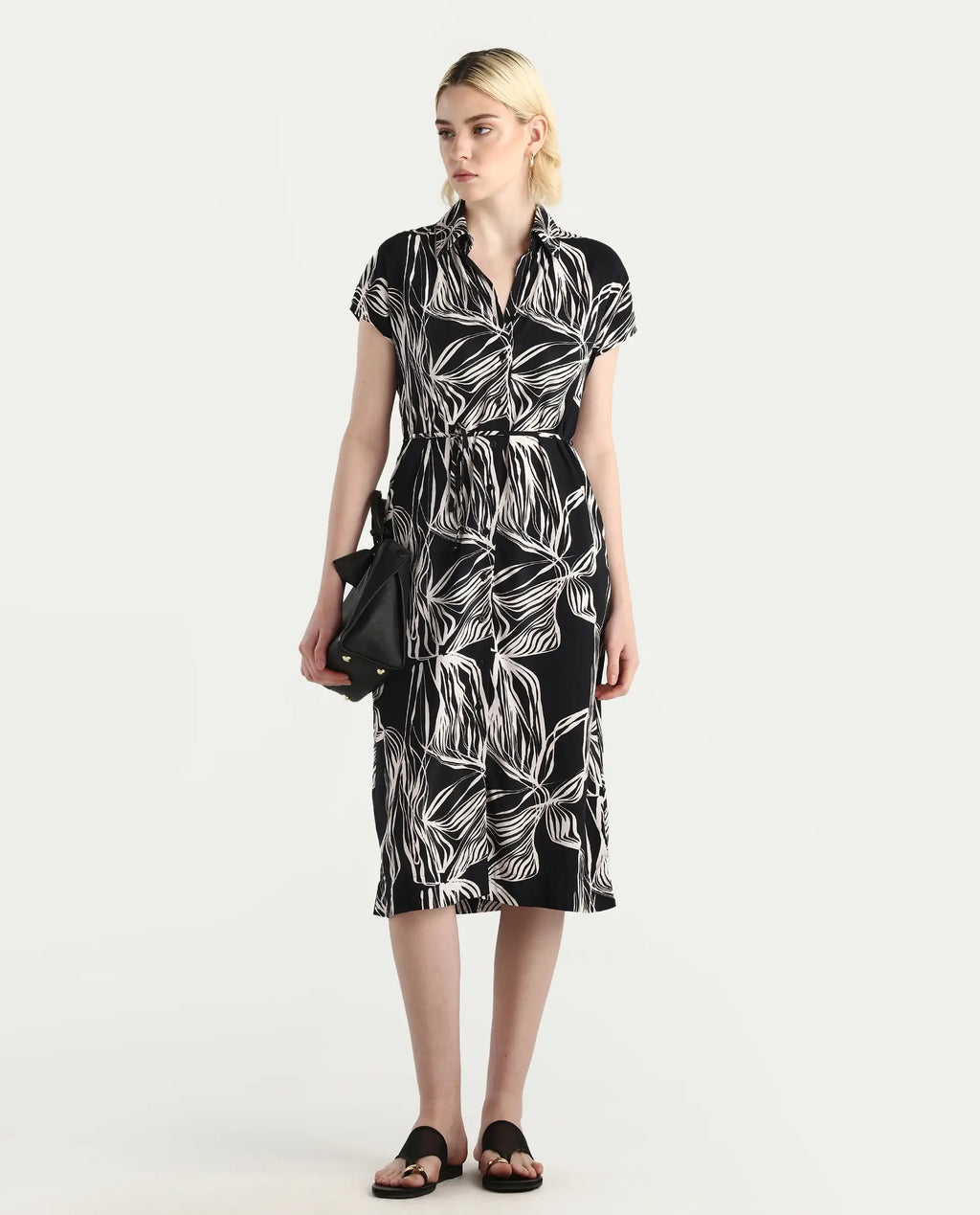 Rareism Women's Eloge Black Viscose Collared Neck A-Line Printed Midi Dress