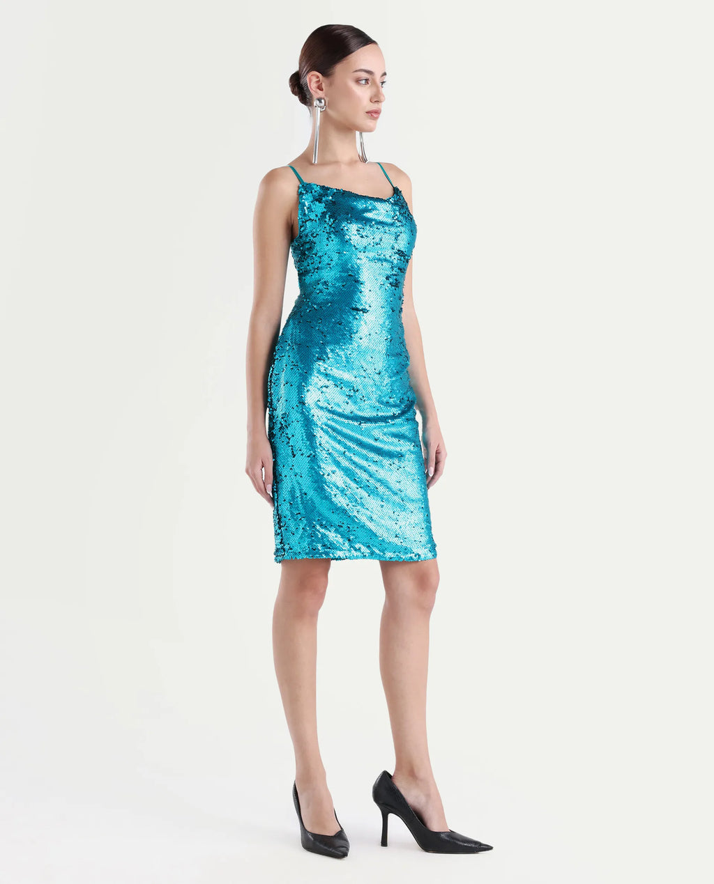 Rareism Women's Elsa Sheen Blue Polyester Cowl Neck Sequined Shoulder Strap Knee Length Regular Fit Dress