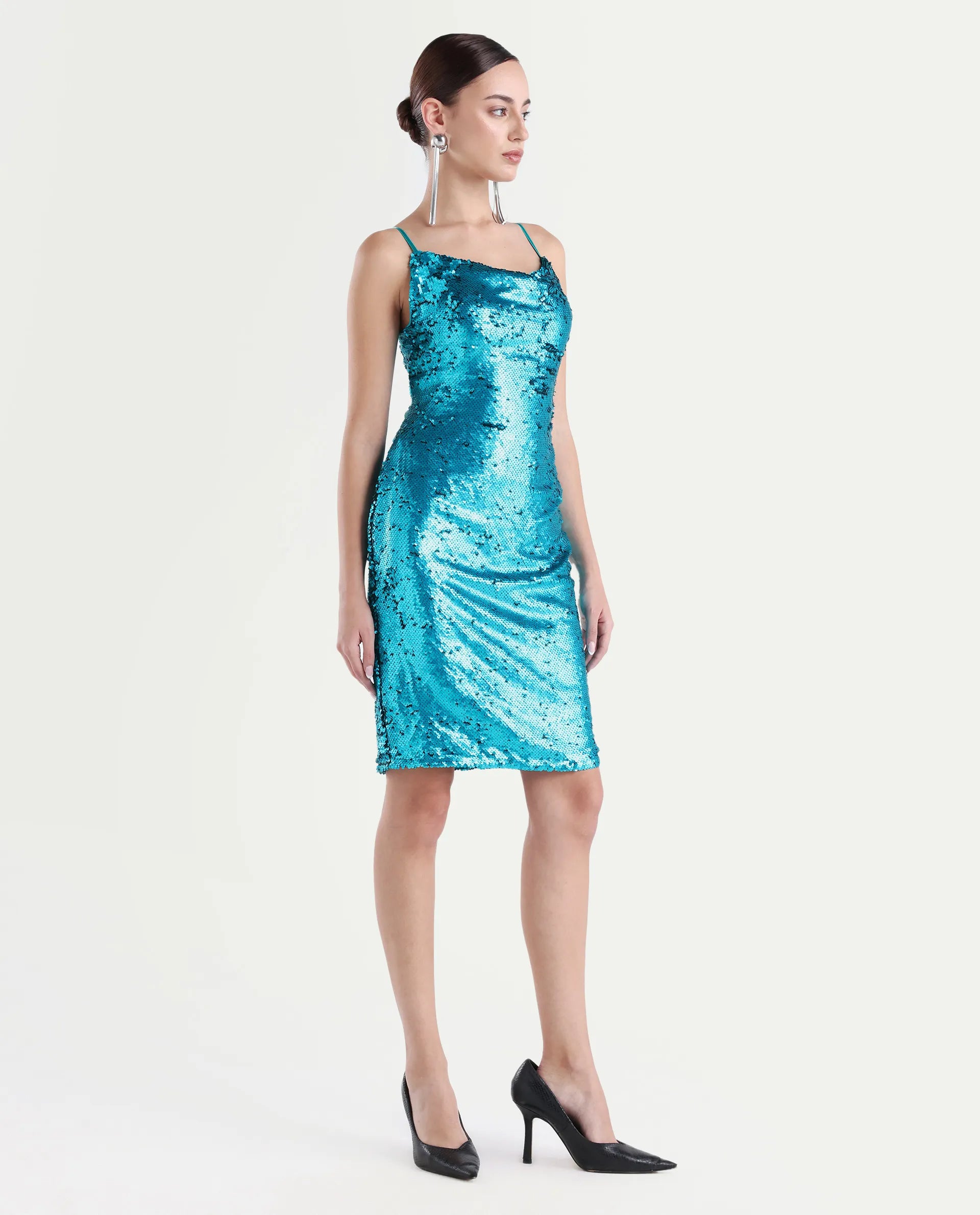 Rareism Women's Elsa Sheen Blue Polyester Cowl Neck Sequined Shoulder Strap Knee Length Regular Fit Dress