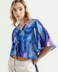 Rareism Women's Eltop Blue Polyester V-Neck Abstract Print Flared Sleeve Crop Relaxed Fit Top