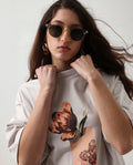 Rareism Women's Enof Beige Cotton Graphic Print Oversized T-Shirt