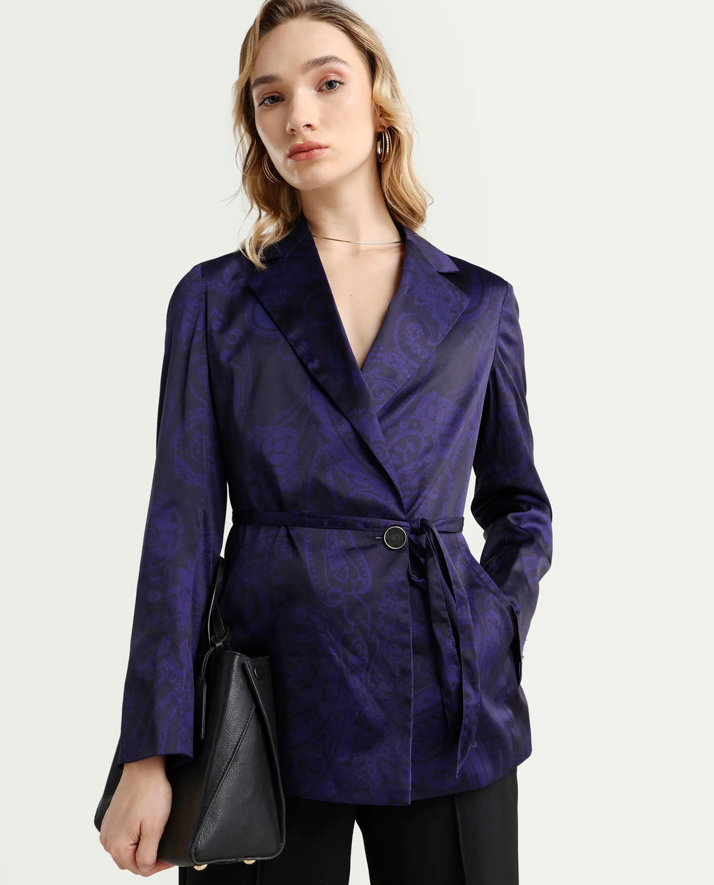 Rareism Women's Esena Dark Navy Polyester Lapel Neck Abstract Print Tailored Blazer