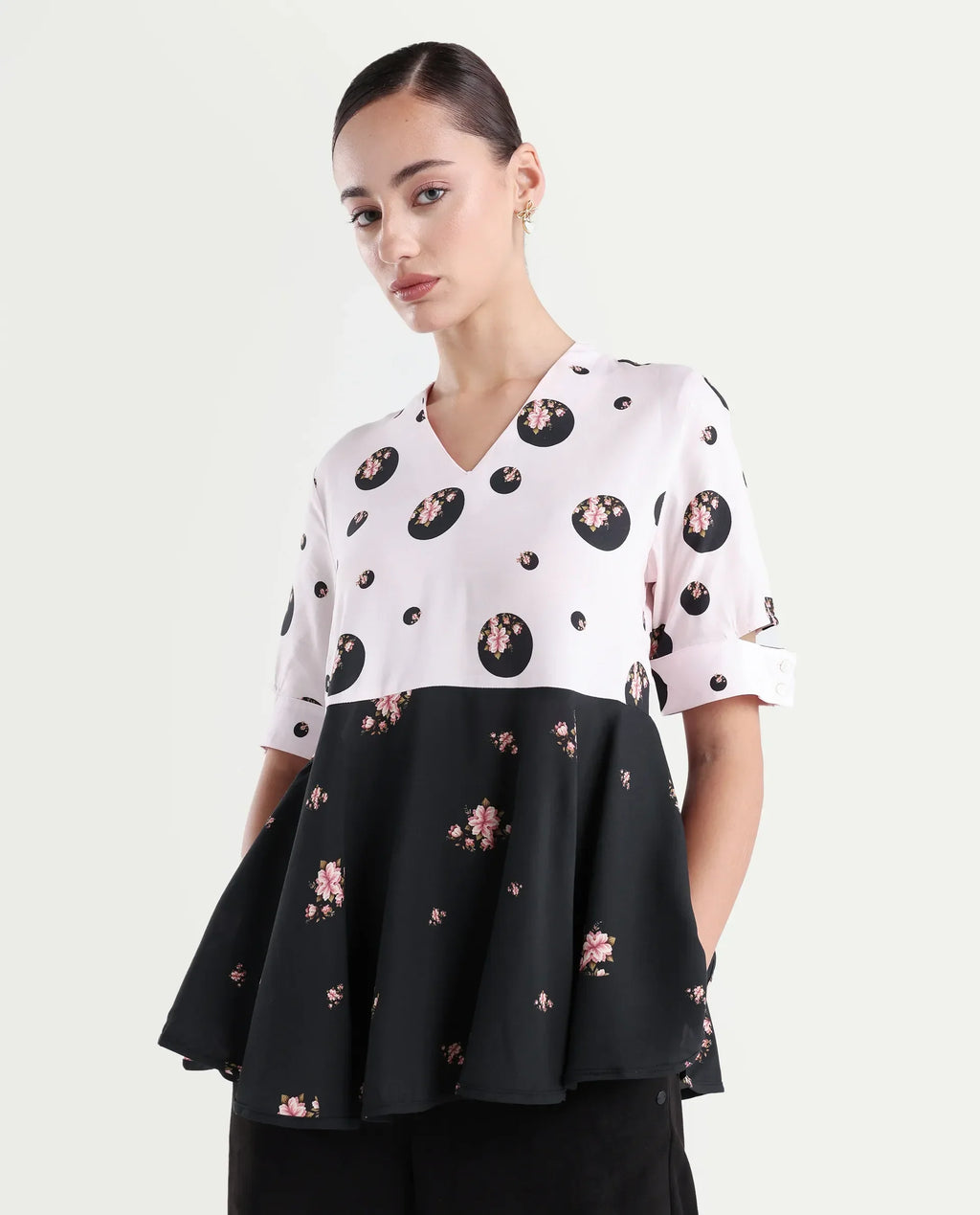 Rareism Women's Euphoria Light Pink Polyester V-Neck Polka Print Cuffed Sleeve Regular Fit Top
