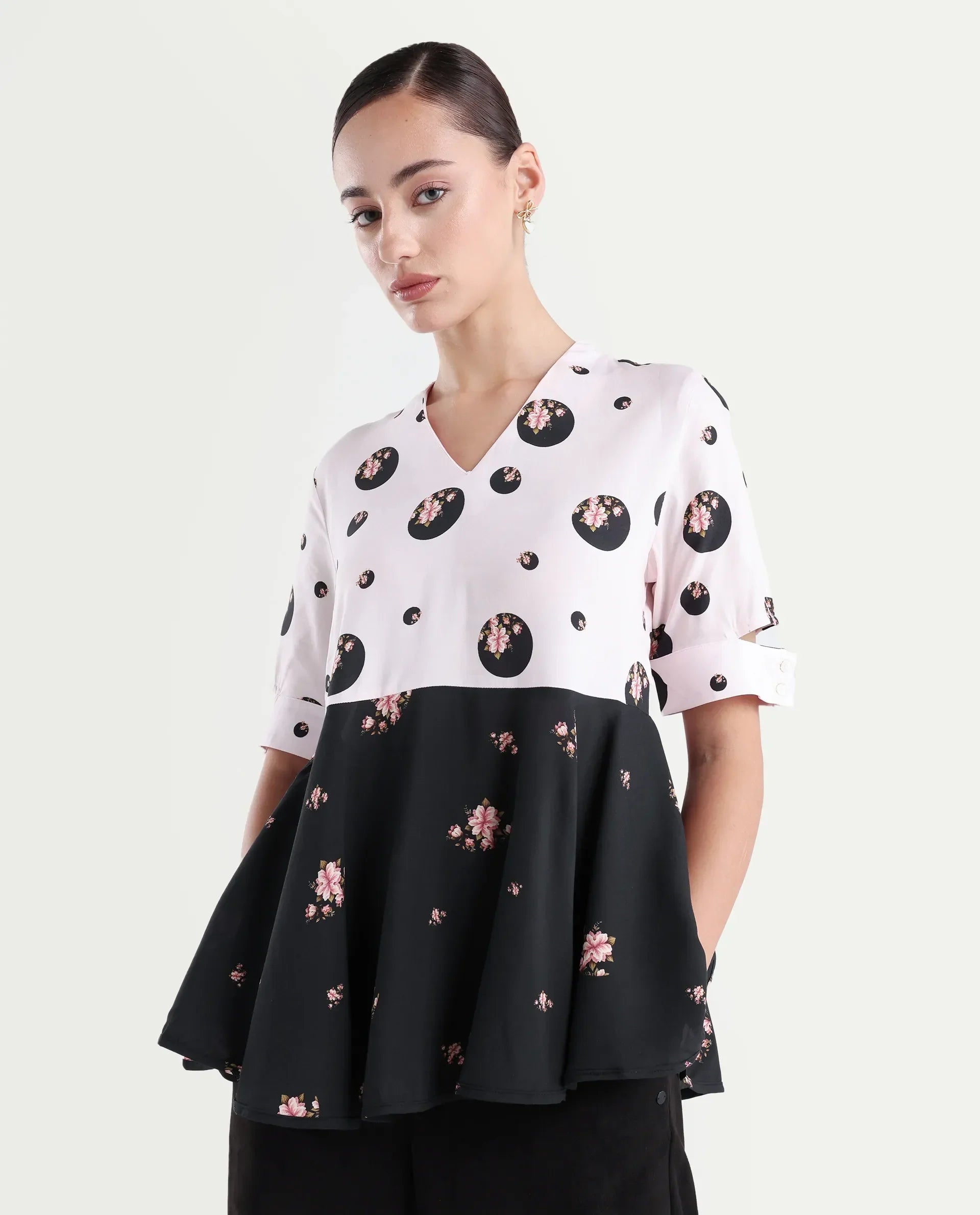Rareism Women's Euphoria Light Pink Polyester V-Neck Polka Print Cuffed Sleeve Regular Fit Top