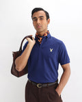 Rare Rabbit Men's Face Blue Cotton Embroidered Regular Fit Half Sleeve Polo